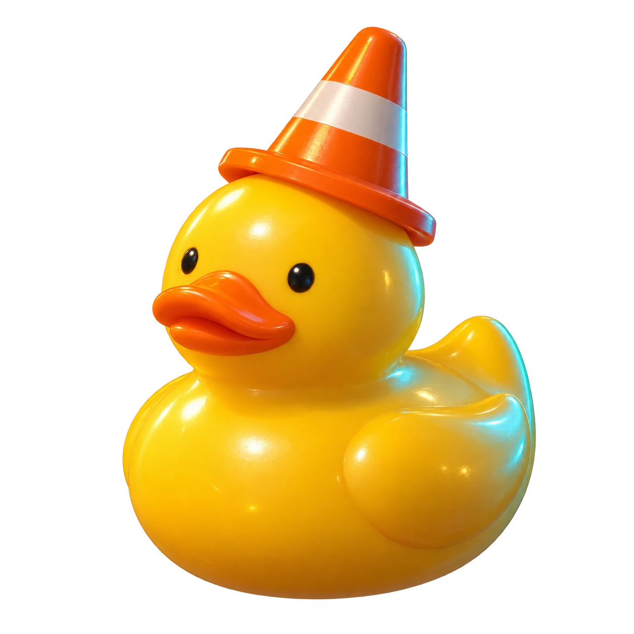 A very serious rubber duck wearing a tiny traffic cone.